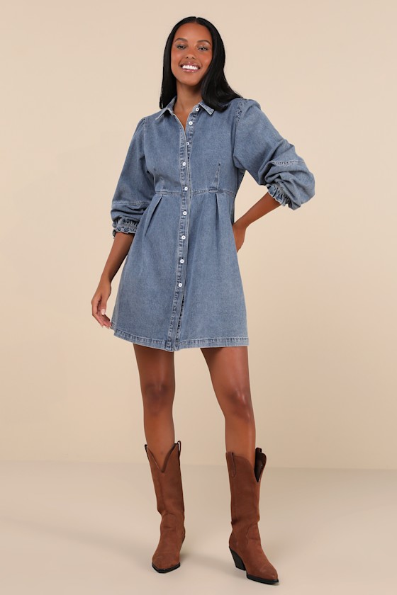 Lulus Uniquely Darling Medium Wash Denim Mini Dress With Pockets In Blue