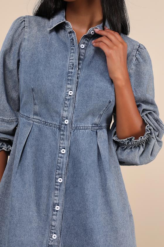 Lulus Uniquely Darling Medium Wash Denim Mini Dress With Pockets In Blue
