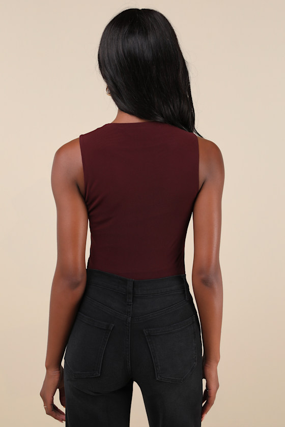Lulus Chicly Elevated Dark Plum Mesh Sleeveless Bodysuit In Purple