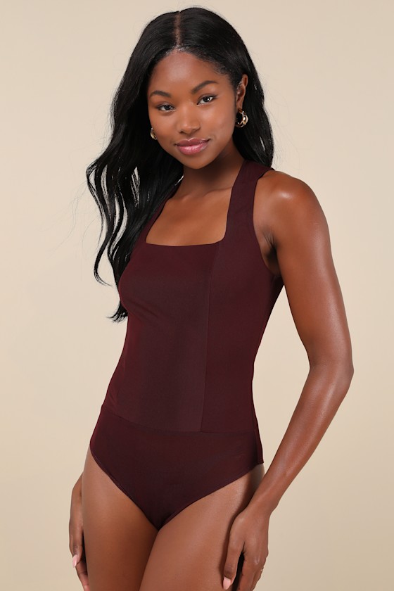 Lulus Chicly Elevated Dark Plum Mesh Sleeveless Bodysuit In Purple