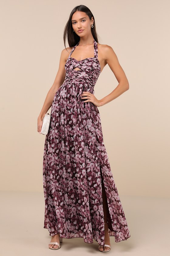 Illustrious Aura Plum Purple Floral Pleated Halter Maxi Dress 4