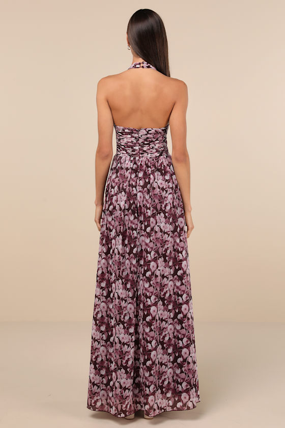 Illustrious Aura Plum Purple Floral Pleated Halter Maxi Dress 1