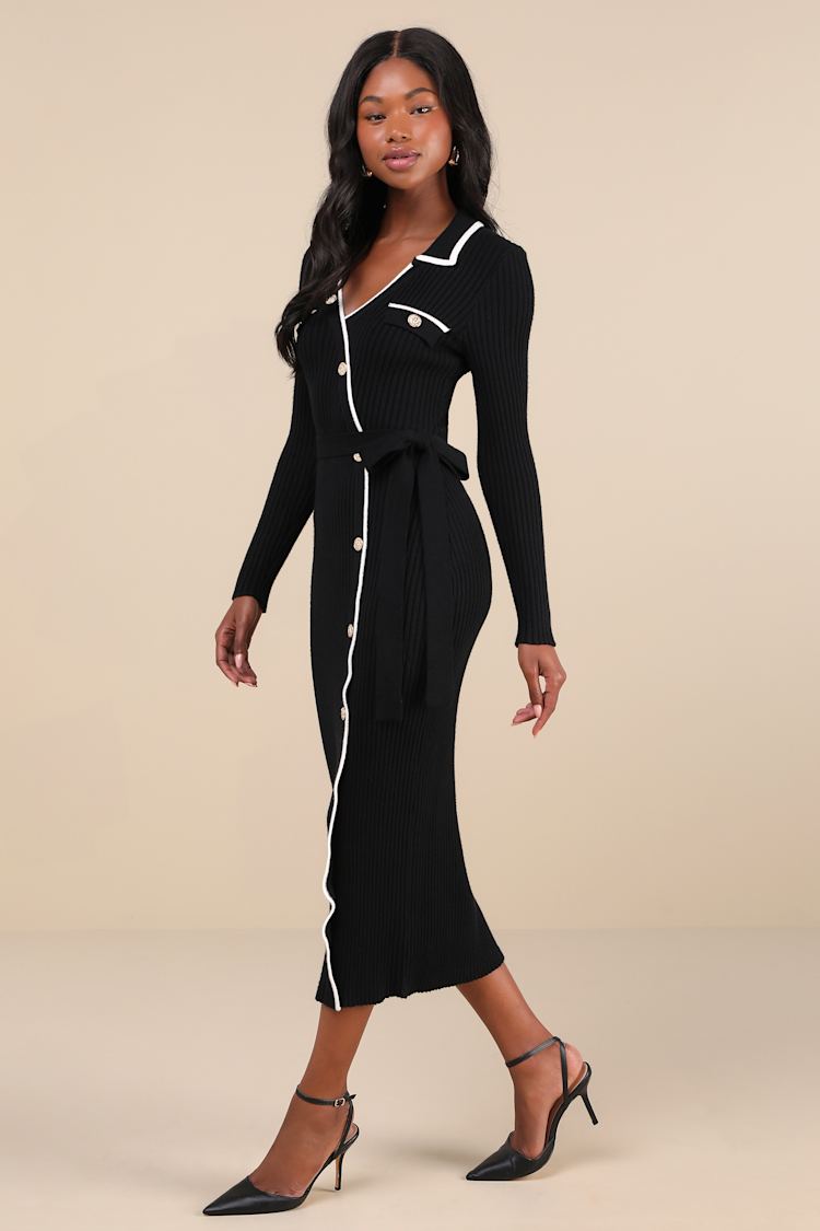 open lace back dress Ribbed Button-Front Long Sleeve Sweater Dress
