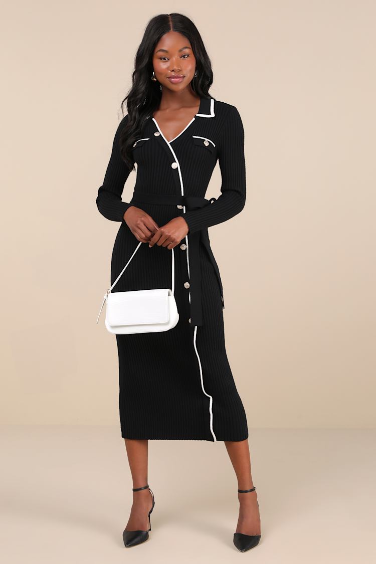 Chic Persuasion Black Ribbed Button-Front Midi Sweater Dress