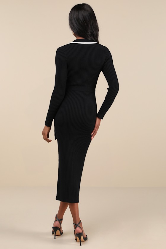 Shop Lulus Chic Persuasion Black Ribbed Button-front Midi Sweater Dress