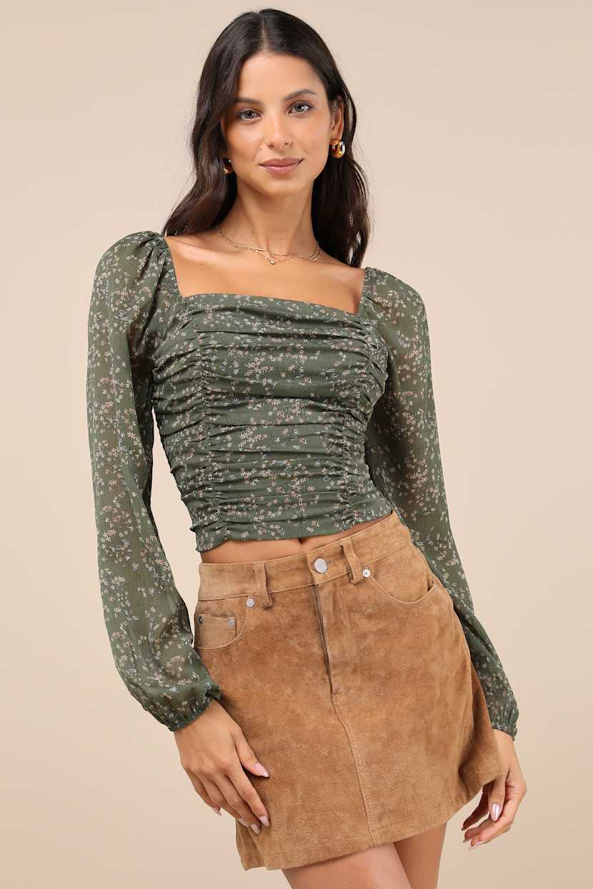 Mood Setter Green Floral Print Ruched Long Sleeve Top