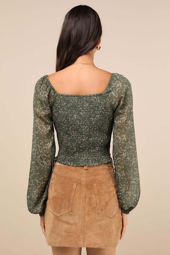 Lulus Mood Setter Green Floral Print Ruched Long Sleeve Top In Green