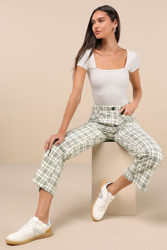 Lulus Modish Behavior Cream And Green Plaid Corduroy High-rise Pants In White