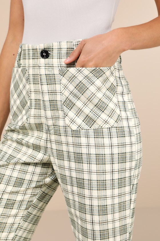 Lulus Modish Behavior Cream And Green Plaid Corduroy High-rise Pants In White