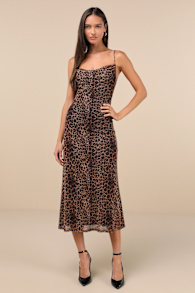 Flirty Destiny Brown Leopard Print Mesh Cowl Neck Midi Dress 1