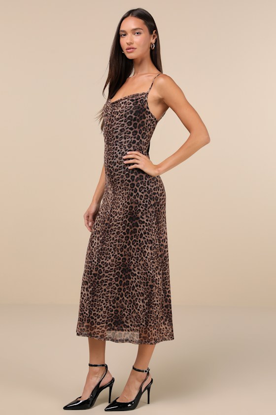 Lulus Flirty Destiny Brown Leopard Print Mesh Cowl Neck Midi Dress In Brown