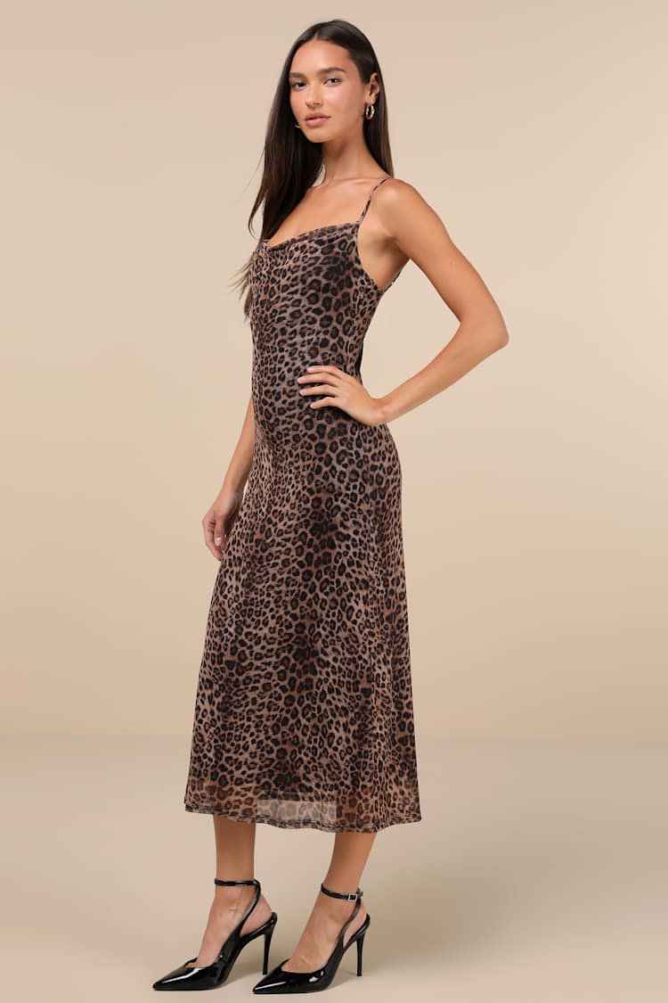 Flirty Destiny Brown Leopard Print Mesh Cowl Neck Midi Dress