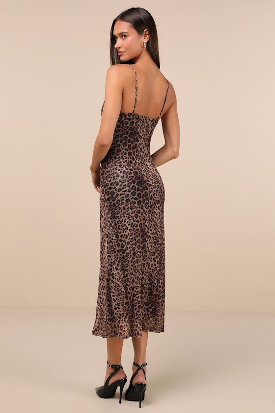 Lulus Flirty Destiny Brown Leopard Print Mesh Cowl Neck Midi Dress In Brown