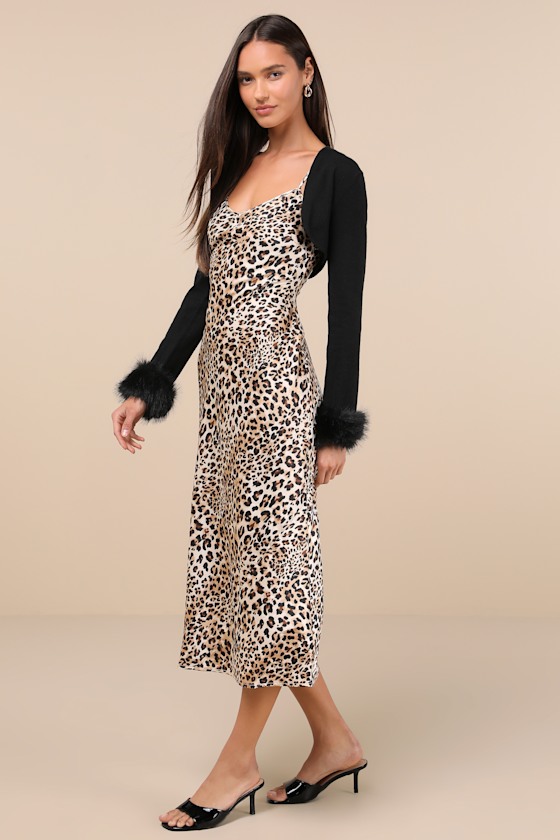 Lulus Beyond Confident Black And Leopard Print Shrug Sweater Dress Set In Black