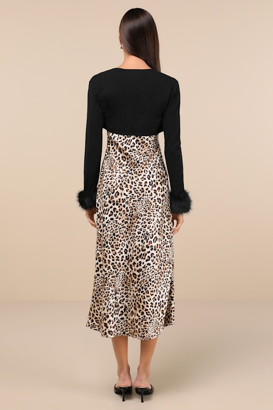 Lulus Beyond Confident Black And Leopard Print Shrug Sweater Dress Set In Black