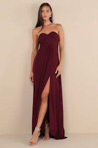 Splendid Aura Plum Purple Chiffon Pleated Strapless Maxi Dress 1