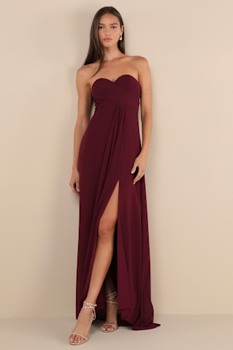 Splendid Aura Plum Purple Chiffon Pleated Strapless Maxi Dress 1