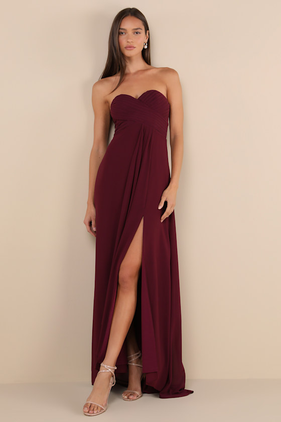 Splendid Aura Plum Purple Chiffon Pleated Strapless Maxi Dress 1