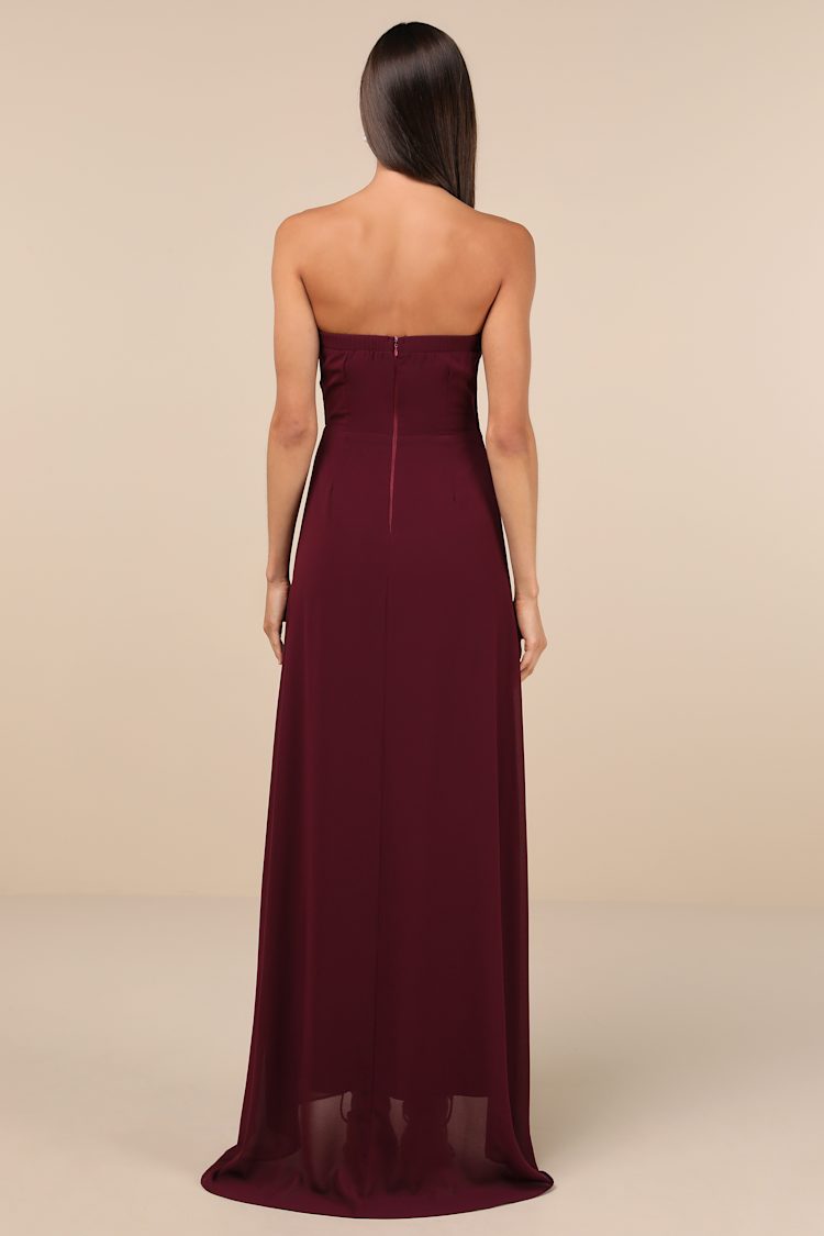 Splendid Aura Plum Purple Chiffon Pleated Strapless Maxi Dress