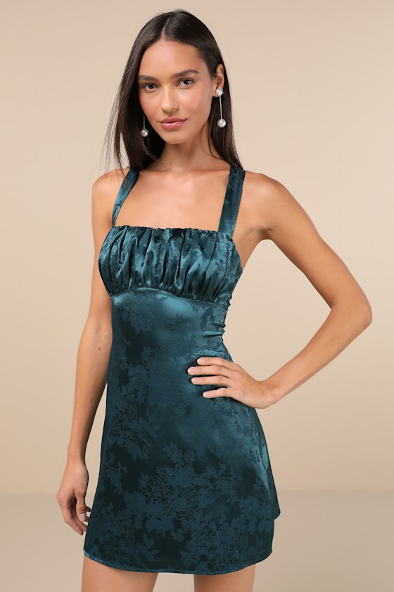 Exquisite Outlook Teal Floral Jacquard Satin Lace-Up Mini Dress 4