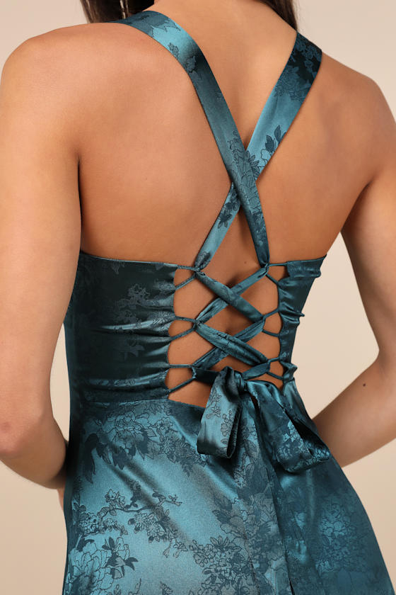 Lulus Exquisite Outlook Teal Floral Jacquard Satin Lace-up Mini Dress In Teal