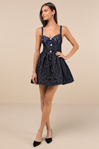Charmingly Precious Navy Pleated Textured Bustier Mini Dress 1