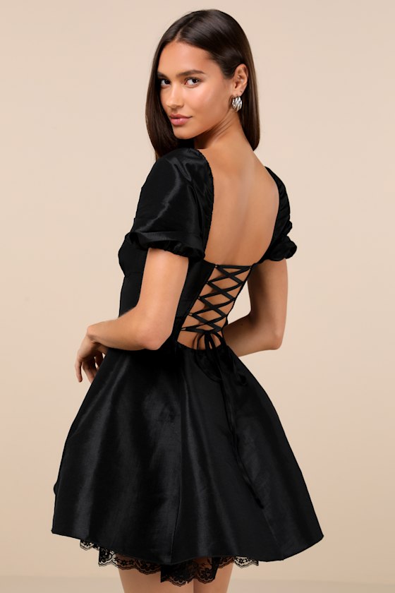 Lulus Enchanting Presence Black Taffeta Lace Puff Sleeve Mini Dress In Black