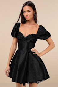 Enchanting Presence Black Taffeta Lace Puff Sleeve Mini Dress 4