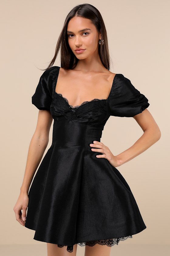 Enchanting Presence Black Taffeta Lace Puff Sleeve Mini Dress 4
