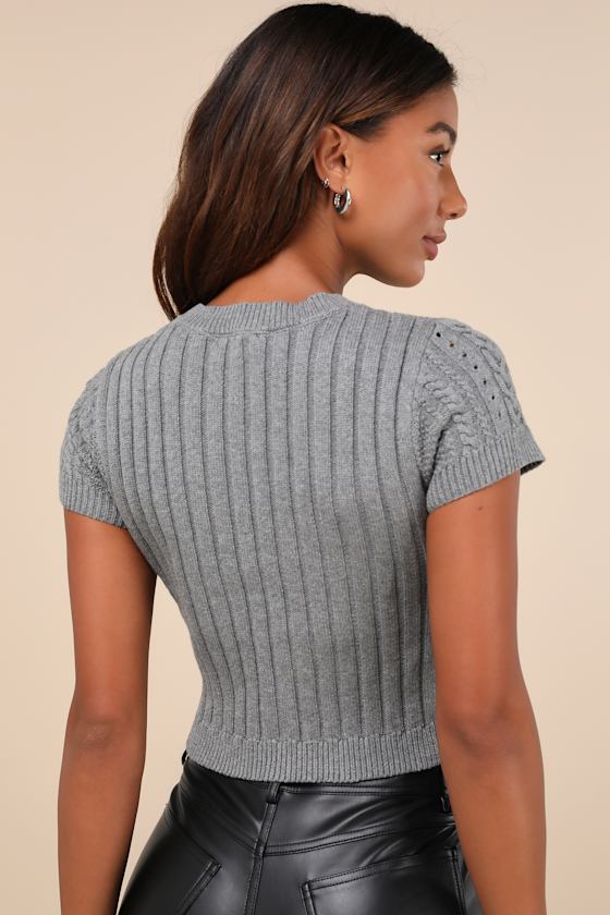 Lulus Modish Ways Heather Grey Cable Knit Short Sleeve Sweater Top In Heather Grey