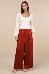 Stunning Chicness Rust Red Satin High-Rise Wide-Leg Pants 1
