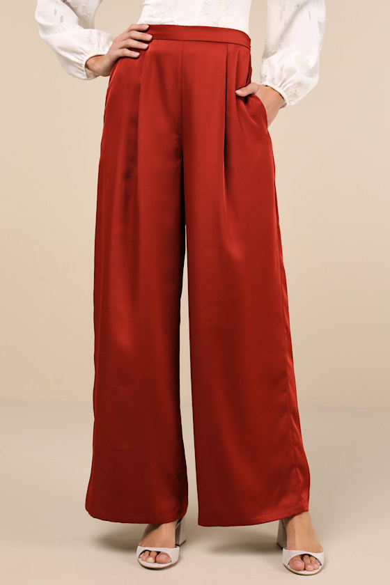 Stunning Chicness Rust Red Satin High-Rise Wide-Leg Pants 3