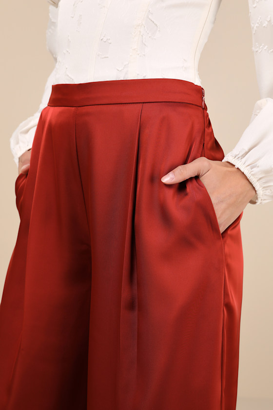 Lulus Stunning Chicness Rust Red Satin High-rise Wide-leg Pants In Rust Red