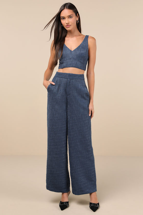 Chic and Sophisticated Navy Blue Tweed Wide-Leg Pants 5