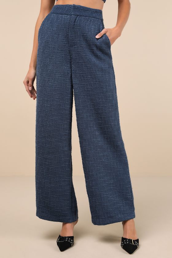 Chic and Sophisticated Navy Blue Tweed Wide-Leg Pants 2