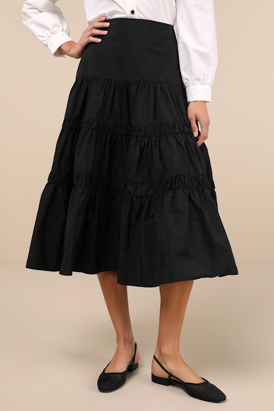 Lulus Darling Flourish Black Tiered High-rise Midi Skirt In Black