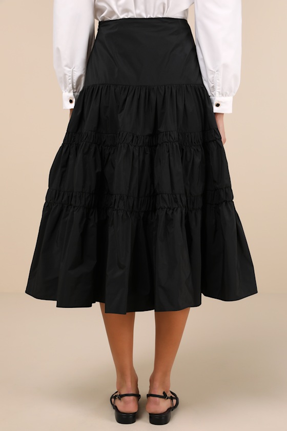 Lulus Darling Flourish Black Tiered High-rise Midi Skirt In Black