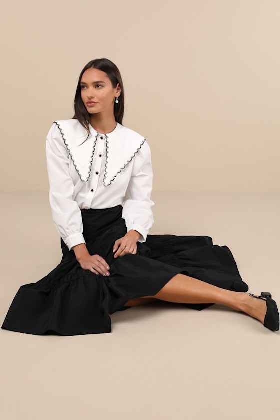 Lulus Darling Flourish Black Tiered High-rise Midi Skirt In Black