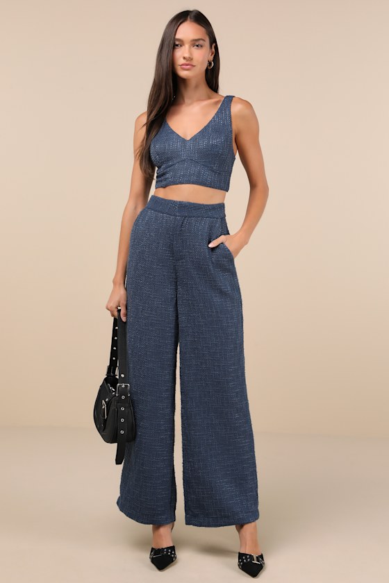 Lulus Chic And Sophisticated Navy Blue Tweed Cropped Tank Top In Navy Blue