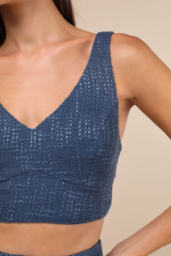 Lulus Chic And Sophisticated Navy Blue Tweed Cropped Tank Top In Navy Blue