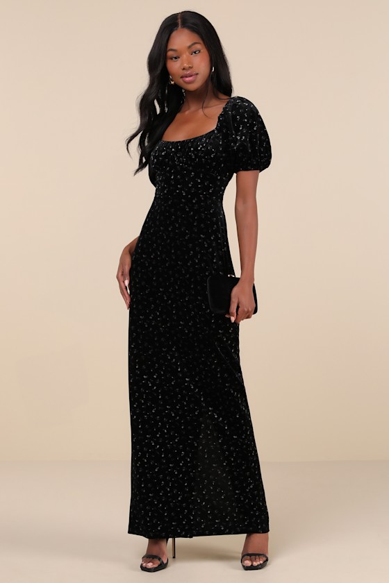 Expert Charm Black Ditsy Floral Velvet Puff Sleeve Maxi Dress 4