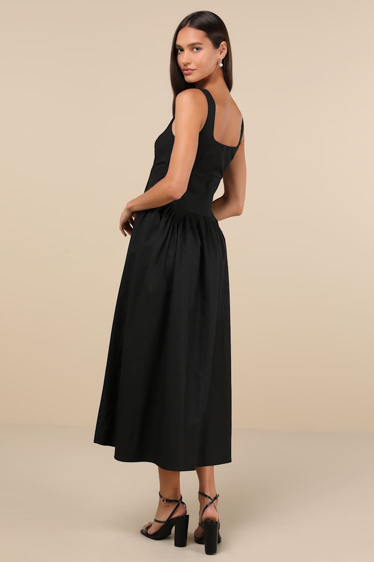 Charm and Poise Black Sleeveless Drop Waist Midi Dress