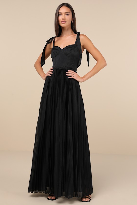 Attentive Elegance Black Tie-Strap Bustier Pleated Maxi Dress 5