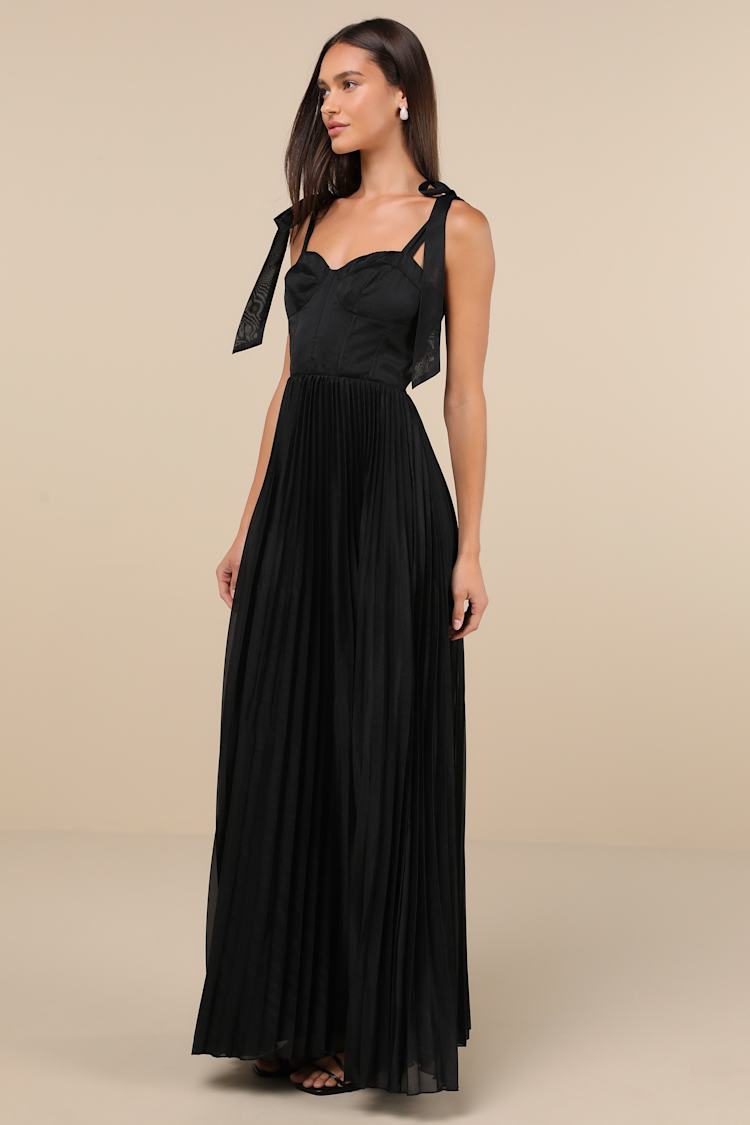 Attentive Elegance Black Tie-Strap Bustier Pleated Maxi Dress
