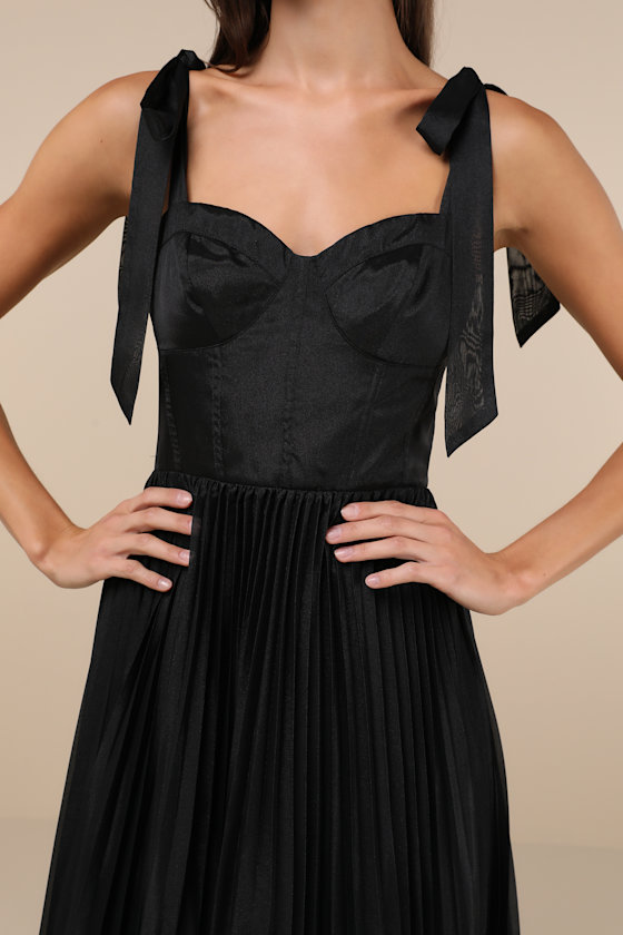 Lulus Attentive Elegance Black Tie-strap Bustier Pleated Maxi Dress In Black