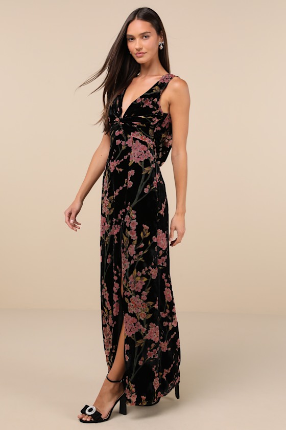 Lulus Enhanced Aura Black Floral Burnout Velvet Cowl-back Maxi Dress In Black