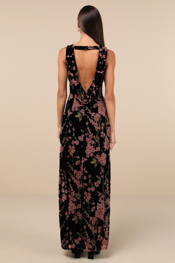 Lulus Enhanced Aura Black Floral Burnout Velvet Cowl-back Maxi Dress In Black