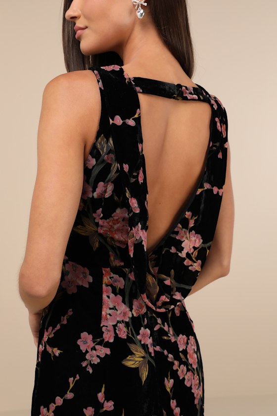Lulus Enhanced Aura Black Floral Burnout Velvet Cowl-back Maxi Dress In Black