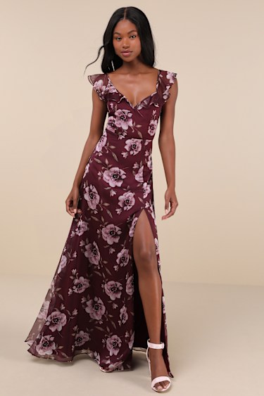 Purple Floral Maxi Dress Ruffled Dress Tie-Back Maxi Dress Lulus