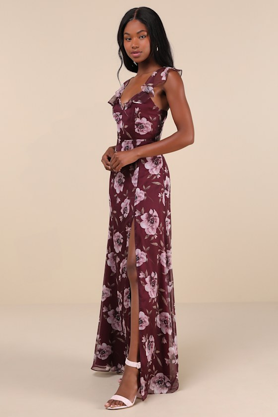 Shop Lulus Sweetest Entrance Plum Purple Floral Ruffled Tie-back Maxi Dress